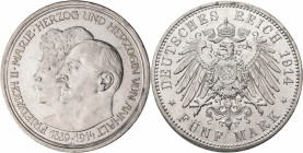 Anhalt: Friedrich II. 1904-1918: 5 Mark 1914, Silberhochzeit mit Gemahlin Marie von Baden, Jaeger 25. Kratzer und kleine Randfehler, sehr schön - vorz...
