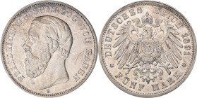 Baden: Friedrich I. 1852-1907: 5 Mark 1891 G, Jaeger 29 F, ohne Querstrich in A von Baden, kleine Kratzer, sehr schön+.
 [differenzbesteuert]