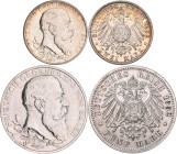 Baden: Friedrich I. 1852-1907: 2 Mark 1902, 50-jähriges Regierungsjubiläum, Jaeger 30. Dazu 5 Mark, gleicher Anlass, Jaeger 31, beide vorzüglich. Lot ...