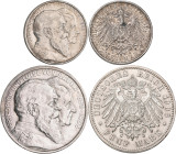 Baden: Friedrich I. 1852-1907: 2 Mark 1906, Goldene Hochzeit, Jaeger 34. Dazu 5 Mark 1906, gleicher Anlass, Jaeger 35. Beide um vorzüglich. Lot 2 Münz...