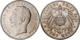 Baden: Friedrich II. 1907-1918: 5 Mark 1913 G, Jaeger 40, feine Kratzer, vorzüglich.
 [differenzbesteuert]