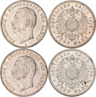 Baden: Friedrich II. 1907-1918: 5 Mark 1908 + 1913 G, Jaeger 40, feine Kratzer, fast vorzüglich. Lot 2 Münzen.
 [differenzbesteuert]