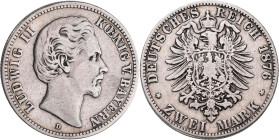 Bayern: Ludwig II. 1864-1886: 2 Mark 1876, Jaeger 41. Schön - sehr schön.
 [differenzbesteuert]
Gebotslos, Zuschlag zum Höchstgebot!