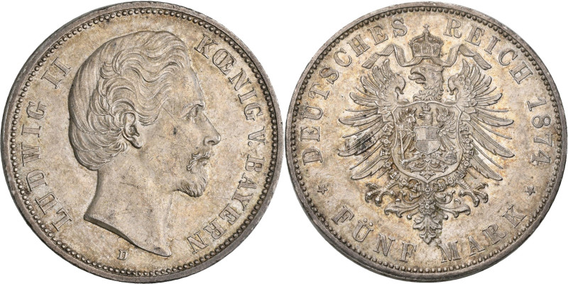 Bayern: Ludwig II. 1864-1886: 5 Mark 1874 D, Jaeger 42, Prachtexemplar, kleine K...