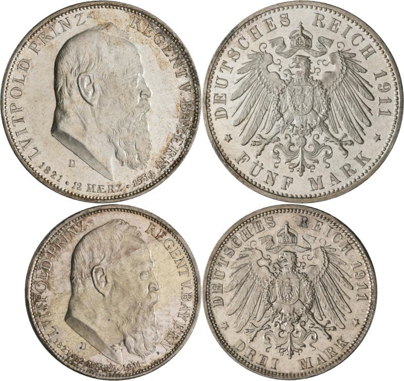 Bayern: Luitpold 1886-1912: Set 2, 3 und 5 Mark 1911 D, zum 90. Geburtstag und 2...