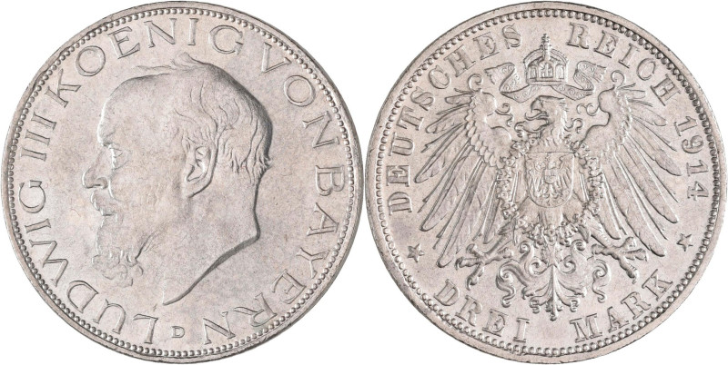 Bayern: Ludwig III. 1913-1918: 3 Mark 1914 D, Jaeger 52, feinstes Stempelglanz....
