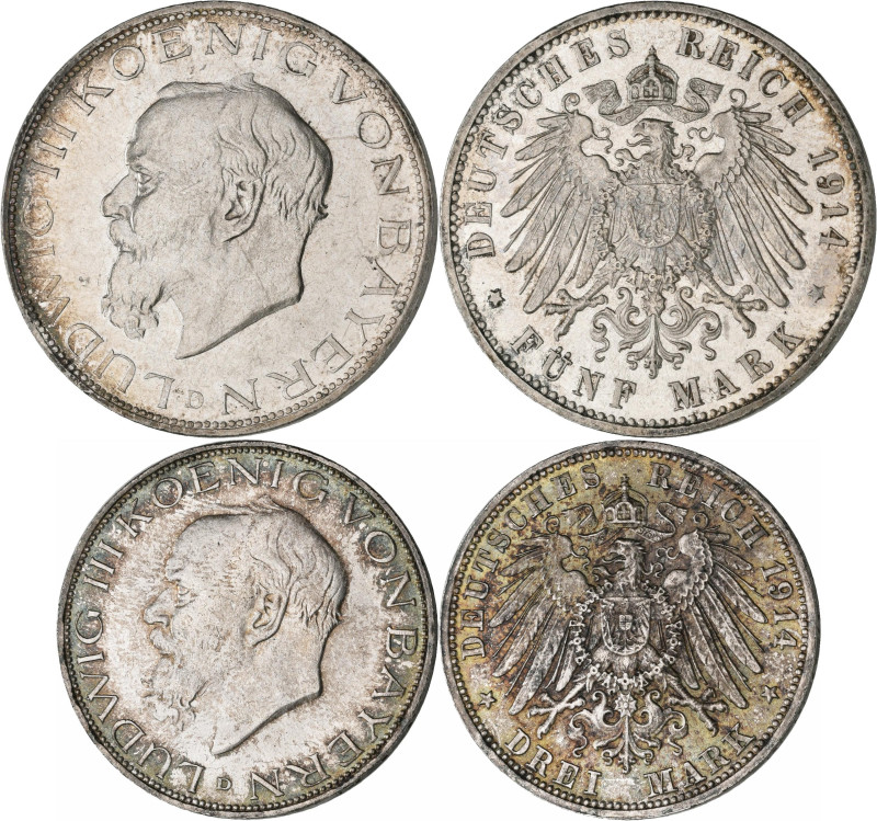 Bayern: Ludwig III. 1913-1918: 3 + 5 Mark 1914, Jaeger 52 + 53, feine Kratzer, v...