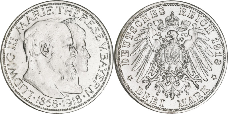 Bayern: Ludwig III. 1913-1818: 3 Mark 1918 Goldene Hochzeit mit Marie Therese, (...