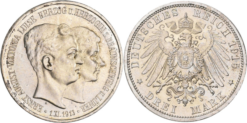 Braunschweig-Lüneburg: Ernst August 1913-1918: 3 Mark 1915 A, mit Lüneburg, Regi...