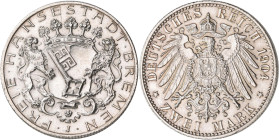 Bremen: 2 Mark 1904 J, Jaeger 59, Auflage 10.000, gereinigt, vorzüglich.
 [differenzbesteuert]