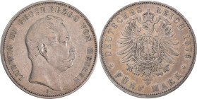 Hessen: Ludwig III. 1848-1877: 5 Mark 1876 H, Jaeger 67, Kratzer, sehr schön.
 [differenzbesteuert]