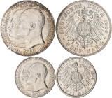 Hessen: Ernst Ludwig 1892-1918: 2 Mark + 5 Mark 1904, Zum 400. Geburtstag Philipps des Großmütigen, Jaeger 74 + 75. 5er kleine Kratzer, sonst vorzügli...