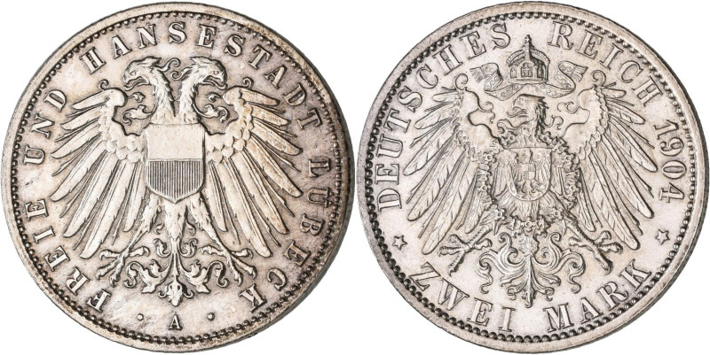 Lübeck: 2 Mark 1904 A, Jaeger 81. Gereinigt, fast vorzüglich.
 [differenzbesteu...