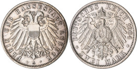 Lübeck: 2 Mark 1904 A, Jaeger 81. Gereinigt, fast vorzüglich.
 [differenzbesteuert]