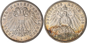 Lübeck: 3 Mark 1910 A, Jaeger 82. Patinaansatz, kleine Kratzer, fast Stempelglanz.
 [differenzbesteuert]