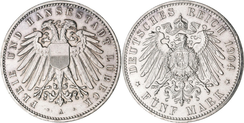 Lübeck: 5 Mark 1904 A, Auflage nur 10.000 Ex., Jaeger 83, gereinigt, sehr schön ...