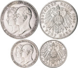 Mecklenburg-Schwerin: Friedrich Franz IV. 1897-1918: 2 Mark 1904, zur Hochzeit mit Alexandra. Jaeger 86, kleine Kratzer, vorzüglich, dazu 5 Mark 1904 ...