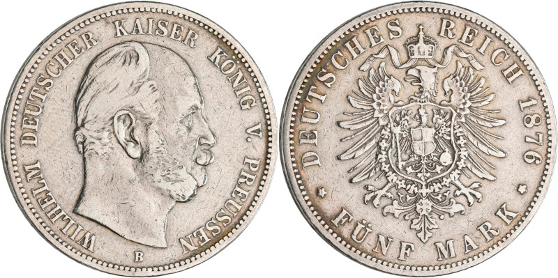 Preußen: Wilhelm I. 1861-1888: 5 Mark 1876 B, Jaeger 97. Kratzer, gereinigt, seh...
