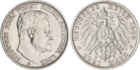 Reuß älterer Linie: Heinrich XXIV. 1902-1918: 3 Mark 1909, Jaeger 119, Auflage: 10.000 Exemplare, kleine Kratzer, gereinigt, um vorzüglich.
 [differe...