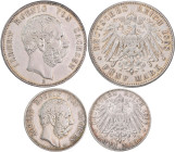 Sachsen: Albert 1873-1902: 2 Mark 1896 E, Jaeger 124, dazu 5 Mark 1898 E, Jaeger 125. Beide sehr schön, Lot 2 Münzen.
 [differenzbesteuert]