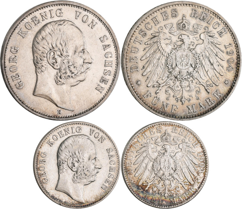 Sachsen: Georg 1902-1904: 2 + 5 Mark 1904 E (J. 129 + 130). Beide in sehr schön+...