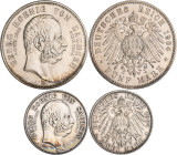 Sachsen: Georg 1902-1904: 2 + 5 Mark 1904 E, auf seinen Tod, Jaeger 132 + 133. Patinaansatz, sehr schön - vorzüglich. Lot 2 Münzen.
 [differenzbesteu...