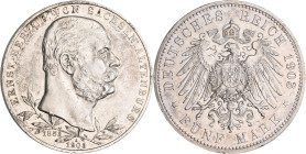 Sachsen-Altenburg: Ernst 1853-1908: 5 Mark 1903 A, 50jähriges Regierungsjubiläum, Jaeger 144. Kratzer, kleine Randfehler, sehr schön - vorzüglich.
 [...