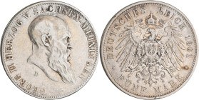 Sachsen-Meiningen: Georg II. 1866-1914: 5 Mark 1901 D, Jaeger 150, Kratzer, Randfehler, selten, fast sehr schön.
 [differenzbesteuert]