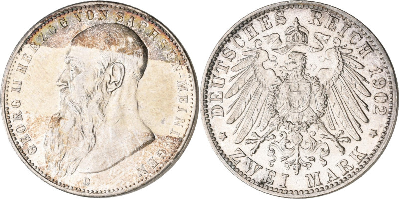 Sachsen-Meiningen: Georg II. 1866-1914: 2 Mark 1902 D, Bart berührt Perlkreis ni...