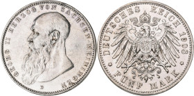 Sachsen-Meiningen: Georg II. 1866-1914: 5 Mark 1908 D, Jaeger 153b. Kratzer, gereinigt, sehr schön+.
 [differenzbesteuert]
