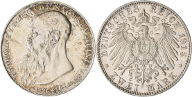 Sachsen-Meiningen: Georg II. 1866-1914: 2 Mark 1915, auf seinen Tod, unten Lebensdaten, Jaeger 154. Feine Tönung, von polierten Stempeln, winzige Krat...