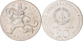 DDR: 20 Mark 1986, Jacob und Wilhelm Grimm, Jaeger 1607, leichter Patinaansatz, winzige Randfehler, Stempelglanz.
 [differenzbesteuert]