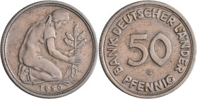 Bundesrepublik Deutschland 1948-2001: 50 Pfennig 1950 G, Bank Deutscher Länder, Jaeger 379. Sehr schön.
 [differenzbesteuert]