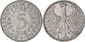 Bundesrepublik Deutschland 1948-2001: 5 DM Kursmünze 1958 J, nur 60.000 Ex., Jaeger 387. Sehr schön.
 [differenzbesteuert]