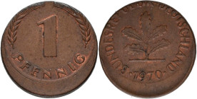 Proben & Verprägungen: BRD: 1 Pfennig 1970, verprägt, sehr schön - vorzüglich.
 [differenzbesteuert]
Gebotslos, Zuschlag zum Höchstgebot!