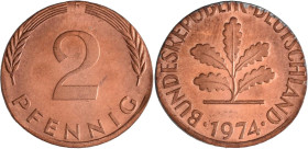 Proben & Verprägungen: BRD: 2 Pfennig 1974 F, falscher Schrötling, vorzüglich - Stempelglanz.
 [differenzbesteuert]