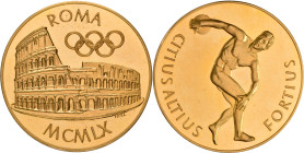 Medaillen alle Welt: Italien, Rom: Große Goldmedaille 1960 von Holl auf die Olympische Spiele in Rom. Olympische Ringe über Colosseum ROMA MCMLX Disku...