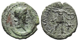 Sizilien. Gaulos.

 Bronze. 2. - 1. Jhdt. v. Chr.
Vs: Kopf der Athena (oder Roma?) mit korinthischem Helm rechts, darunter Mondsichel.
Rs: Krieger...
