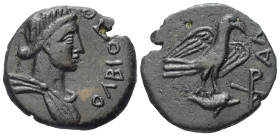Sarmatien. Olbia.

 Bronze. Ca. 70 - 69 v. Chr.
Vs: Drapierte Büste des Apollon mit Lorbeerkranz rechts.
Rs: Adler auf Delfin nach rechts stehend;...