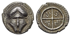Thrakien. Mesembria.

 Diobol (Silber). Ca. 420 - 320 v. Chr.
Vs: Korinthischer Helm en face.
Rs: META in vierspeichigem Rad, das von einem Strich...