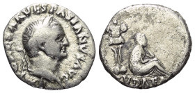 Vespasianus (69 - 79 n. Chr.).

 Denar (Silber). 69 - 70 n. Chr. Rom.
Vs: IMP CAESAR VESPASIANVS AVG. Kopf mit Lorbeerkranz rechts.
Rs: IVDAEA. Ve...
