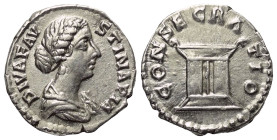 Faustina II. (gest. 176 n. Chr.). Diva Faustina II.

 Denar (Silber). 176 - 180 n. Chr. Rom.
Vs: DIVA FAVSTINA PIA. Drapierte Büste rechts.
Rs: CO...