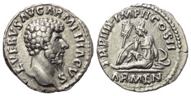 Lucius Verus (161 - 169 n. Chr.).

 Denar (Silber). 163 - 164 n. Chr. Rom.
Vs: L VERVS ARMENIACVS. Barhäuptiger Kopf rechts.
Rs: TR P IIII IMP II ...