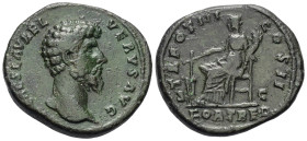 Lucius Verus (161 - 169 n. Chr.).

 Sesterz (Bronze). 163 n. Chr. Rom.
Vs: IMP CAES L AVREL VERVS AVG. Kopf rechts.
Rs: TR POT III COS II / FORT R...
