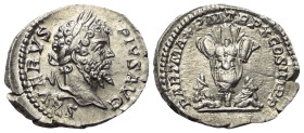 Septimius Severus (193 - 211 n. Chr.).

 Denar (Silber). 202 n. Chr. Rom.
Vs: SEVERVS PIVS AVG. Belorbeerter Kopf rechts.
Rs: PART MAX PM TRP X CO...