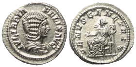 Iulia Domna (gest. 217 n. Chr.).

 Denar (Silber). 216 n. Chr. Rom.
Vs: IVLIA PIA FELIX AVG. Drapierte Büste rechts.
Rs: VENVS GENETRIX. Venus mit...