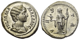 Iulia Mamaea (gest. 235 n. Chr.).

 Denar (Silber). 226 n. Chr. Rom.
Vs: IVLIA MAMAEA AVG. Drapierte Büste mit Diadem rechts.
Rs: VESTA. Vesta mit...