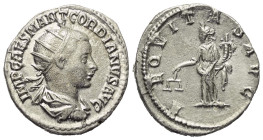 Gordianus III. (238 - 244 n. Chr.).

 Antoninian (Silber). 239 - 240 n. Chr. Rom.
Vs: IMP CAES M ANT GORDIANVS AVG. Büste mit Strahlenkrone, Paluda...