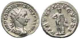 Gordianus III. (238 - 244 n. Chr.).

 Antoninian (Silber). 241 - 243 n. Chr. Rom.
Vs: IMP GORDIANVS PIVS FEL AVG. Büste mit Strahlenkrone, Paludame...