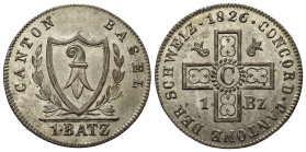 Schweiz. Basel - Kanton.

 1 Batzen (Silber). 1826.
Vs: Ovales Wappen mit Baselstab im Kranz.
Rs: Kreuz im Kranz, darunter Jahreszahl.

24 mm. 2...